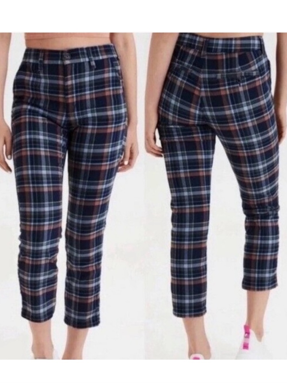 American Eagle Super Hi-Rise Skinny Trouser Pants Plaid Green Blue Sz 2
